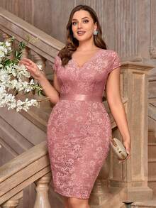 加大码 V 领全花蕾丝缎带腰部晚会紧身连衣裙，优雅半正式婚礼宾客礼服，适合生日、毕业典礼、返校节