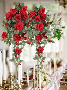 31.49in Artificial Flowers Hanging Plants For Decor Artificial Rose Vine Hanging With Rattan Tray, Fake Flower Wall Decor Hanging For Home Room Garden Wedding Indoor Outdoor Decoration - 紅色 - 查看 4
