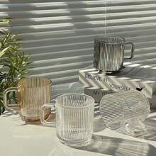 1pc Vertical Stripe Embossed Glass Mug With Handle, Suitable For Coffee, Water, Milk, Home & Kitchen - Multicolor - View 11