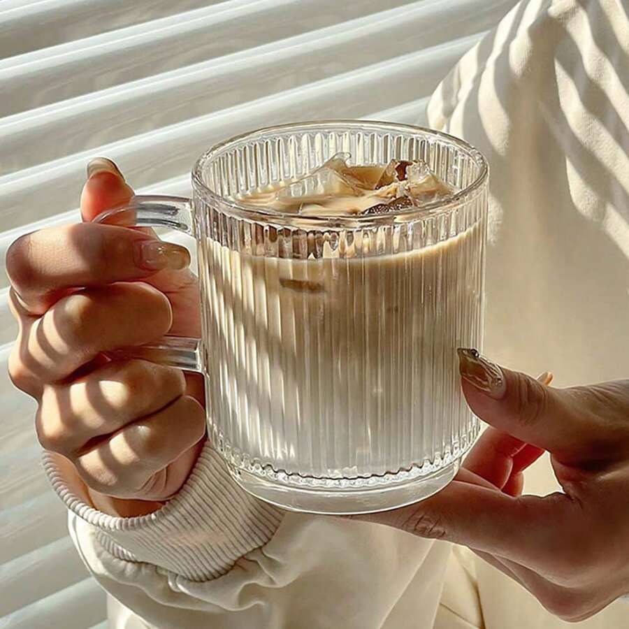 1pc Vertical Stripe Embossed Glass Mug With Handle, Suitable For Coffee, Water, Milk, Home & Kitchen - Multicolor - View 1