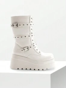 DREAM PAIRS Women's Platform Mid-Calf Boots Cyberpunk Combat Style Multiple Buckle Straps Round Toe Side Zipper Anti-Slip Thick Heel Outdoor Halloween Chunky Heel Party Music Festival Party WHITE Boots - 白色 - 查看 10