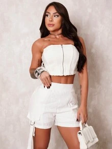 BLOG Women's Corselet Set With Zipper And Cargo Shorts - S9597 - trắng - Xem 2