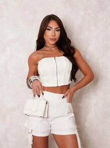 BLOG Women's Corselet Set With Zipper And Cargo Shorts - S9597 - trắng - Xem 3