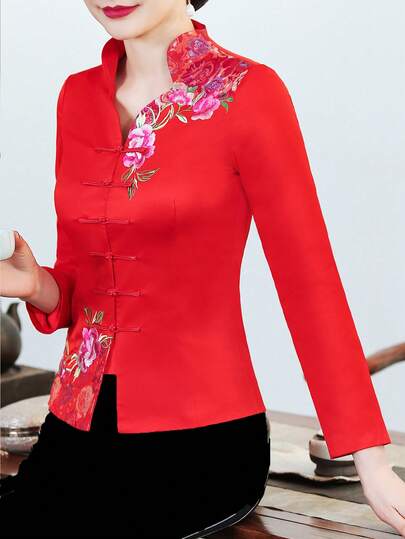 牡丹刺绣旗袍式长袖外套，新款中式唐装开衫，女士优雅服饰，适合圣诞夜/感恩节/圣诞节/春节/除夕等场合，日常/休闲/社交/各种场合/假日/活动/节日穿着