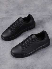 Men's Black Casual Sneakers Skateboard Shoes Work Shoes Solid Black Lace-Up Low-Top Sneakers, New Spring/Summer Student Back-To-School Skate Shoes, Non-Slip Work Shoes, Size 39-45