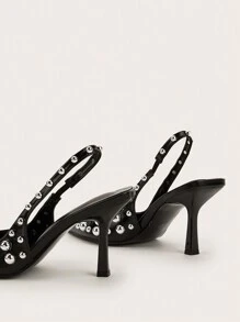 Elegant Black Polka Dot Bow Pointed Toe Backless Strap Stiletto High Heel Sandals, Suitable For Party And Banquet - Black - View 5