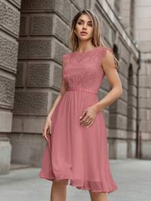 MIUSOL Đầm xòe dự tiệc tay lỡ đính sequin ren hoa eo cao - Bụi hồng - Xem 6