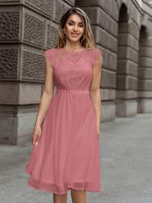 MIUSOL Đầm xòe dự tiệc tay lỡ đính sequin ren hoa eo cao - Bụi hồng - Xem 5