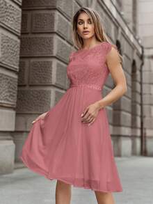 MIUSOL Đầm xòe dự tiệc tay lỡ đính sequin ren hoa eo cao - Bụi hồng - Xem 7