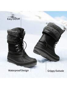 Kids Winter Snow Boots | Waterproof Insulated Mid Calf Ski Boots With Cozy Knit Collar For Boys & Girls - 黑與白 - 查看 7