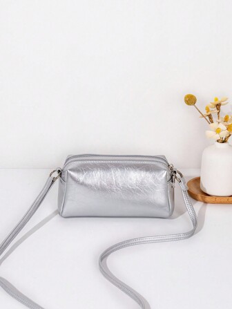 1個 レディースメタリック加工オイルワックスレザーショルダーバッグ、ダブルジッパー付き