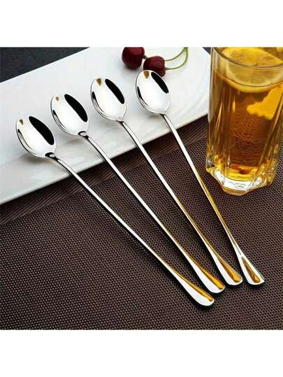 4pcs Long Handle Coffee Spoons, Stainless Steel Iced Tea Spoons, Ice Cream Spoons, Mixing Spoons, Dessert Spoons, Coffee Spoons, Ice Cream Spoons, Mixing Spoons, For Hotel, Restaurant, Public Place Jam Spoons, Tableware, School Supplies, Back To School, Valentine's Day