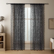 1pc Black French Retro Lace Voile Curtains Decorative Room Divider Partition Screen Sheer Curtain - Black - View 10