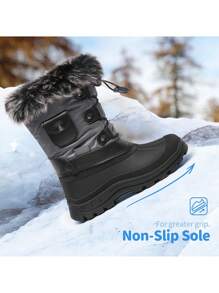 Boys Girls Snow Boots Mid Calf Boots Insulated Waterproof Side Zipper For Christams Gifts - 深灰色 - 查看 6