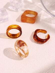 4pcs/Set Brown Geometric Resin Ring Set For Women - Multicolor - View 6