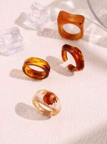 4pcs/Set Brown Geometric Resin Ring Set For Women - Multicolor - View 7