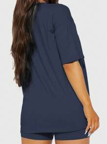 Speed mate 女士夏季純色高彈性短袖擠肩休閒露肚上衣T恤 - 藏蓝色 - 查看 2