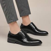 Men's Color Blocking Fashion Blok Carved Leather Shoes - Black - View 5