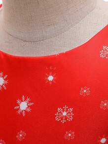 Vestido de Festa de Princesa de Natal com Decoração de Laço Estampa de Papai Noel e Floco de Neve para Meninas Jovens, Adequado para Celebração de Feriados, Padrão de Tecido Cortado Aleatoriamente, Faixa de Cabeça Não Incluída - Vermelho - Visão 7
