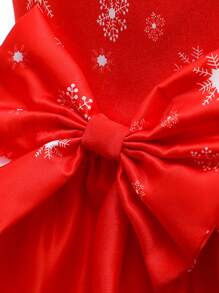 Vestido de Festa de Princesa de Natal com Decoração de Laço Estampa de Papai Noel e Floco de Neve para Meninas Jovens, Adequado para Celebração de Feriados, Padrão de Tecido Cortado Aleatoriamente, Faixa de Cabeça Não Incluída - Vermelho - Visão 8