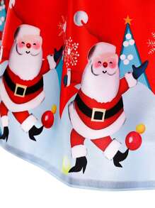 Vestido de Festa de Princesa de Natal com Decoração de Laço Estampa de Papai Noel e Floco de Neve para Meninas Jovens, Adequado para Celebração de Feriados, Padrão de Tecido Cortado Aleatoriamente, Faixa de Cabeça Não Incluída - Vermelho - Visão 9