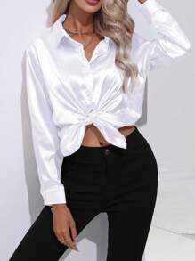 Women's Casual Lapel Button Front Faux Silk Satin Satin Long Sleeve Blouse Top