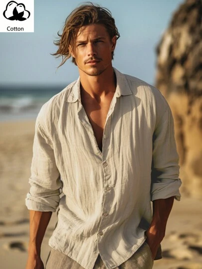 Áo sơ mi nam dài tay phong cách Bohemian màu trơn, thường ngày cho mùa thu