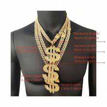 14mm Bling Bling Rhinestone Encrusted Chain Necklace With Dollar Sign Pendant For Men, Alloy Gold-Plated