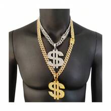 14mm Bling Bling Rhinestone Encrusted Chain Necklace With Dollar Sign Pendant For Men, Alloy Gold-Plated