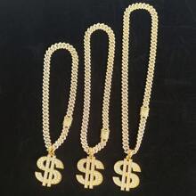 14mm Bling Bling Rhinestone Encrusted Chain Necklace With Dollar Sign Pendant For Men, Alloy Gold-Plated