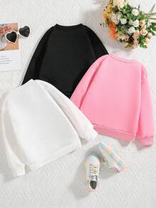 3pcs/Set Tween Girls' Heart Print Warm Crew Neck Sweatshirts