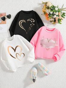 3pcs/Set Tween Girls' Heart Print Warm Crew Neck Sweatshirts