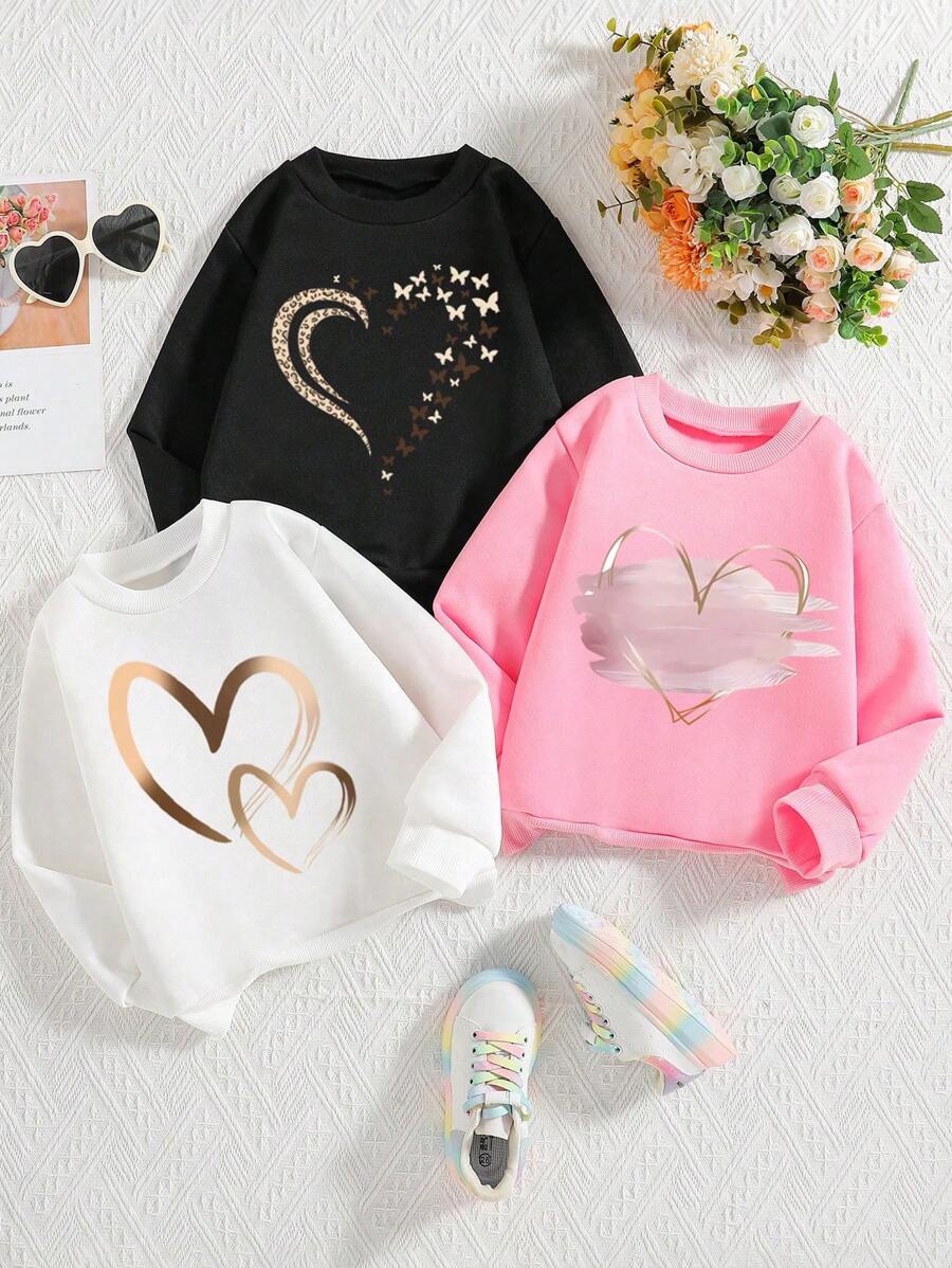 3pcs/Set Tween Girls' Heart Print Warm Crew Neck Sweatshirts