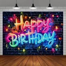 1 pieza Luz de neón que dice "Feliz Cumpleaños" que se ilumina como fondo para fiesta oscura, pared de ladrillos con grafiti, salpicaduras, fondo fotográfico colorido de estilo hip hop y decoración para sesión de fotos, Navidad - Multicolor - Ver 1