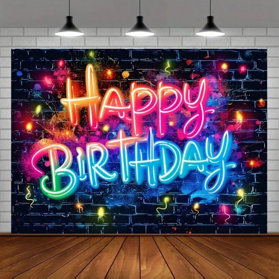 1 pieza Luz de neón que dice "Feliz Cumpleaños" que se ilumina como fondo para fiesta oscura, pared de ladrillos con grafiti, salpicaduras, fondo fotográfico colorido de estilo hip hop y decoración para sesión de fotos, Navidad - Multicolor - Ver 1