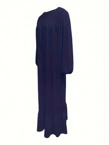 Women's Solid Color Fashionable Petal Sleeve Ruffle Hem Dress Spring - Navy Blue - View 4