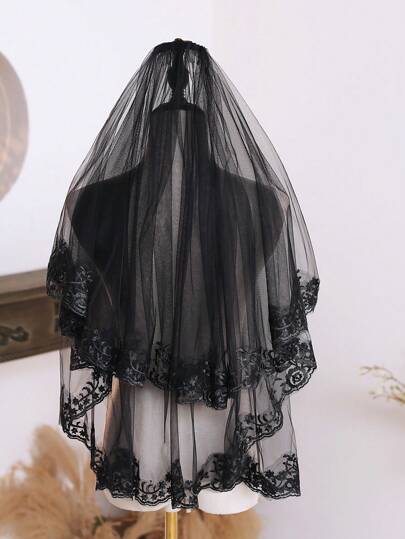 1 件黑色双层哥特式优雅短蕾丝边面纱头饰，适合婚礼、正式活动、派对、万圣节服装万圣节秋季女士服装