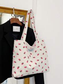 1 chiếc túi đeo vai vải nhung kẻ họa tiết dâu tây, thích hợp để đi làm, ví dâu tây thời trang và dễ thương - trắng - Xem 3