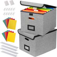 2Pack File Storage Organizer With 10 Hanging Folders & Plastic Slide, Collapsible Linen File Box With Lid For Office, Home, Moving, Portable File Storage Organizer For Letter/Legal Size, Pink - 灰色 - 查看 1