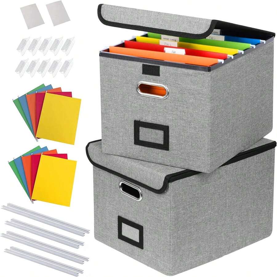 2Pack File Storage Organizer With 10 Hanging Folders & Plastic Slide, Collapsible Linen File Box With Lid For Office, Home, Moving, Portable File Storage Organizer For Letter/Legal Size, Pink - 灰色 - 查看 1