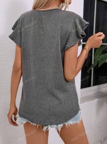 Short Sleeve Ruffle Ribbed Women Tops Fashion Loose Summer T-Shirt