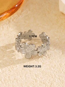 1pc Stainless Steel Floral Design Open Ring, Suitable For Daily Wear - Silver - View 4