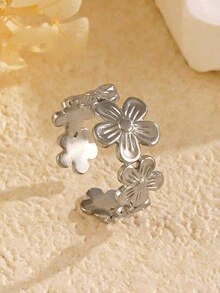 1pc Stainless Steel Floral Design Open Ring, Suitable For Daily Wear - Silver - View 3