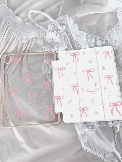 1 件可爱卡通粉色花卉、字母、蝴蝶结装饰双面亚克力透明水晶保护壳，兼容 iPad，支持睡眠/唤醒功能
