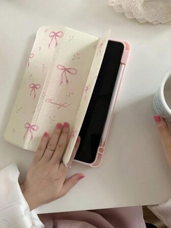 1pc Cute Cartoon Pink Floral, Letter, Bow Decor Double Side Acrylic Transparent Crystal Clear Protective Case, Compatible With IPad, Supports Sleep/Wake Function