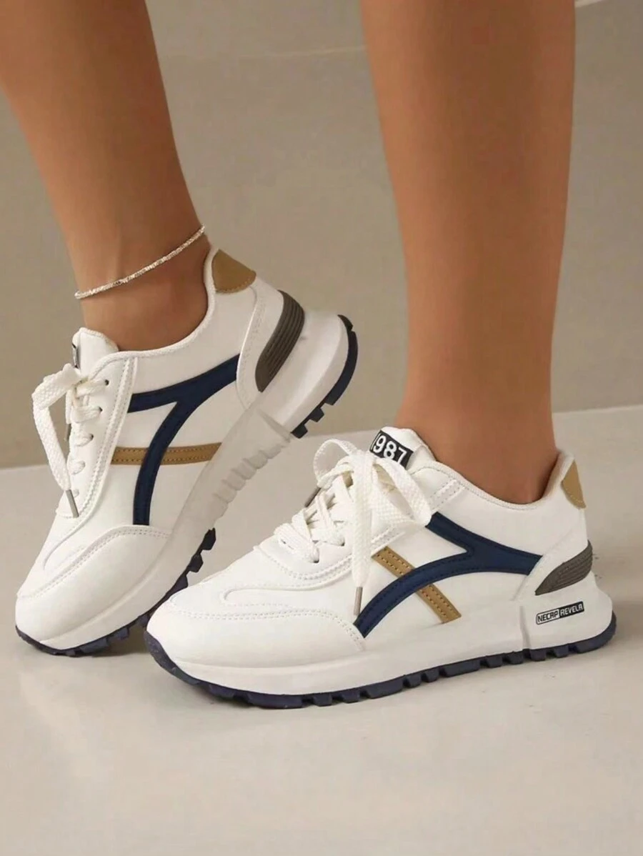 女士圆头系带厚底休闲舒适运动跑步运动鞋 - 藍色 - 查看 1