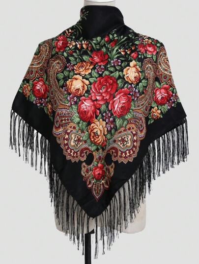 1 st, dam polyester med blommönster i bohemisk stil fyrkantig halsduk med tofs, mångsidigt modehuvudomslag och sjaltillbehör Kvinnor Alla hjärtans dag Alla hjärtans dag