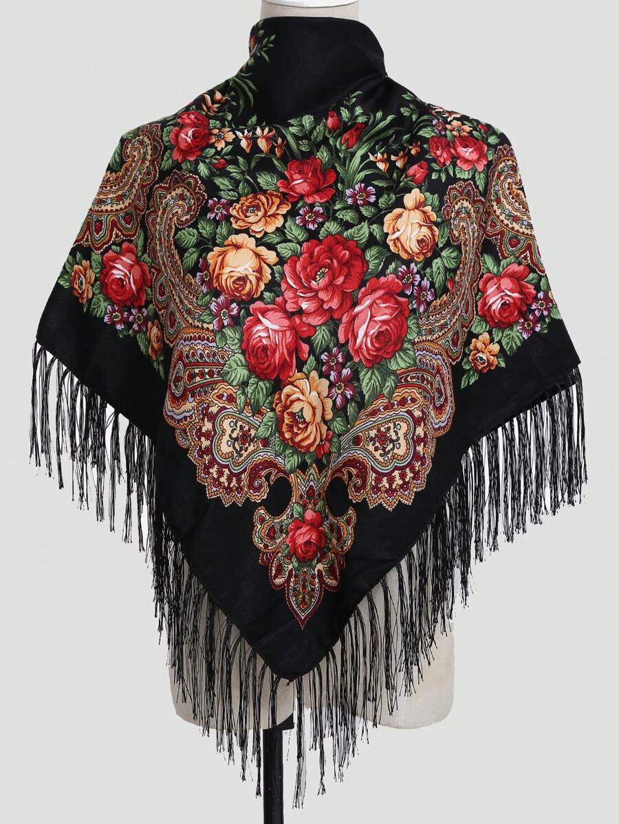 1 件女士涤纶花卉印花波西米亚风格方形围巾带流苏，多用途时尚头巾和披肩配饰女士情人节情人 - 黑色 - 查看 1