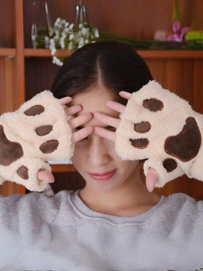 1 件装猫爪手套可爱手套猫爪角色扮演毛绒绒猫手套狮爪猫用厚毛绒熊爪半指手套