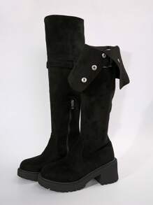 女士时尚双面折叠厚底及膝靴，粗跟，秋冬新品 - 黑色 - 查看 7